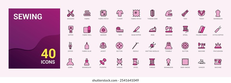 Costurando coleção de ícones lineares coloridos. Relacionados com manequim, cisalhamento, alfaiataria, indústria, equipamentos, régua e muito mais. Coleção de símbolos de tópicos. Traçado editável dos ícones de vetor.