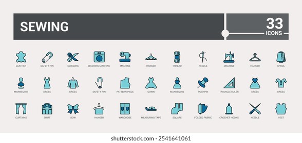 Costurando coleção de ícones lineares coloridos. Relacionados com manequim, cisalhamento, alfaiataria, indústria, equipamentos, régua e muito mais. Coleção de símbolos de tópicos. Traçado editável dos ícones de vetor.