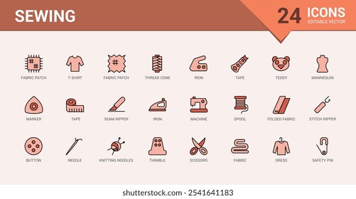 Costurando coleção de ícones lineares coloridos. Relacionados com manequim, cisalhamento, alfaiataria, indústria, equipamentos, régua e muito mais. Coleção de símbolos de tópicos. Traçado editável dos ícones de vetor.