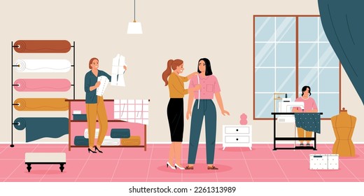 Sewing composition with indoor scenery of tailors workshop with fabric rolls women taking measurements of client vector illustration