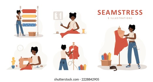 Sewing concept. African woman seamstress sews, cuts, takes measurements and streams clothes. Fashion designer or dressmaker. Vector illustration in flat cartoon style. Hobby concept.