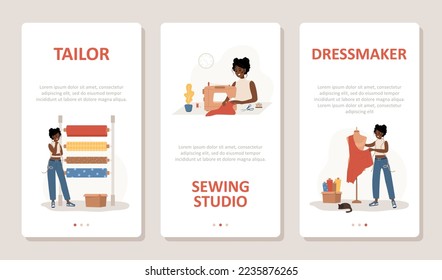 Sewing concept. African woman seamstress sews, cuts and streams clothes. Set of vertical banners for social media. Fashion designer or dressmaker. Vector illustration in flat cartoon style.