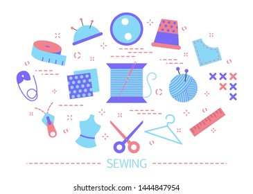 Sewing concept. Idea of tailor profession. Collection of tools for dressmaking. Needle and scissors, thimble and mannequin. Collection of colorful icons. Isolated flat vector illustration