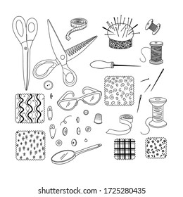 Sewing concept. Sewing tools. Needles, scissors, thread, awl, buttons, spools, magnifying glass, needle holder, tape, etc. Vector set of hand drawn isoleted sketches. Doodle style, flat design. 