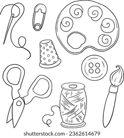 Sewing concept. Sewing tools. Needles, scissors, thread, awl, buttons, spools, magnifying glass, needle holder, tape, etc. Vector set of hand drawn isoleted sketches. Doodle style. black line vector