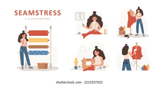 Sewing concept. Woman seamstress sews, cuts, takes measurements and streams clothes. Fashion designer or dressmaker. Vector illustration in flat cartoon style. Hobby concept.