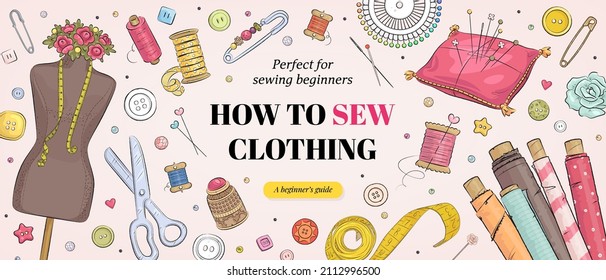 Sewing course for beginners banner template. Hand drawn illustration of sewing tools