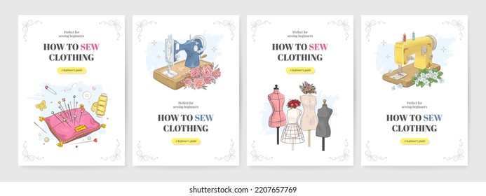 Sewing course for beginners vertical web banner, flyer or poster design template with hand drawn sewing machine, pin cushion and mannequin. Vector illustration