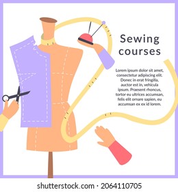 Sewing courses banner. Tailor's mannequin with sewing accessories. Flat vector illustration isolated on white background