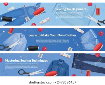Sewing courses for beginners clothes sews horizontal banner design template set vector illustration. Tailor clothing seamstress school training education learning craft atelier promo scissors threads