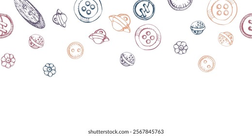 Sewing craft embroidery supplies. Plastic wooden flat round clothes buttons fasteners. Hand drawn ink vector illustration. Isolated seamless banner. Design boutique atelier, tailor, hobby shop.