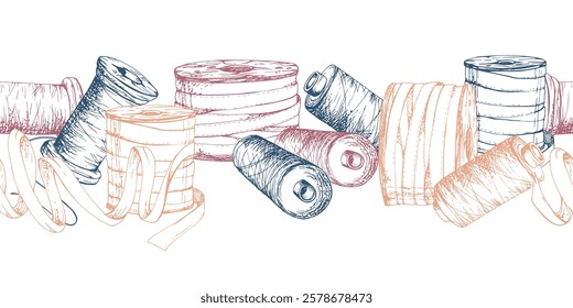 Sewing craft embroidery supplies. Ribbon lace thread floss skein bobbins spools. Hand drawn ink vector illustration. Seamless banner isolated on white background. Design atelier, tailor, hobby shop