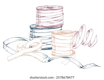 Sewing craft embroidery supplies, ribbon lace bobbins spools. Hand drawn ink vector illustration. Composition isolated on white background. Design atelier, tailor, hobby shop, fashion boutique