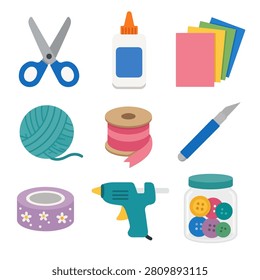 Sewing craft icon set with scissors glue colored paper yarn thread pencil tape glue gun and buttons for handmade app website poster and hobby design