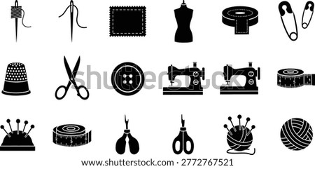 Sewing craft icons set with scissors needles machine tools in black and white