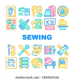 Sewing Craft Studio Collection Icons Set Vector. Sewing Machine And Scissors Equipment, Pattern And Thimble With Thread, Pin And Fabric Concept Linear Pictograms. Color Contour Illustrations