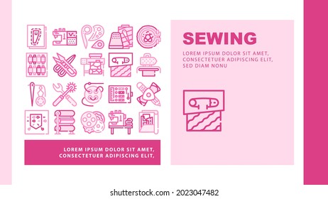 Sewing Craft Studio Landing Web Page Header Banner Template Vector. Sewing Machine And Scissors Equipment, Pattern And Thimble With Thread, Pin And Fabric Illustration