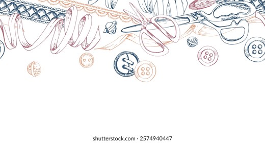 Sewing craft supplies. Fabric scissors snaps, wooden buttons ribbon lace, red indigo beige. Hand drawn ink vector illustration. Seamless banner isolated on white. Design atelier, tailor, hobby shop