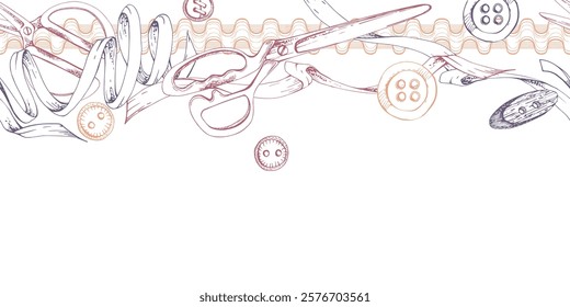 Sewing craft supplies. Fabric scissors snaps, buttons ribbon lace, red ochre beige. Hand drawn ink vector illustration. Seamless banner isolated on white background. Design atelier, tailor, hobby shop