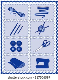 Sewing, Craft Tools for knit, crochet, tailoring, fashion, quilting, do it yourself hobbies: needles, hooks, yarn, button, scissors, machine, ribbon, cloth, blue rick rack frame border. EPS8.
