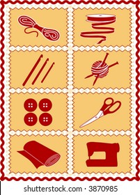 Sewing, Craft Tools for knit, crochet, tailoring, fashion, quilting, do it yourself hobbies: needles, hooks, yarn, buttons, scissors, machine, ribbon, cloth, rick rack frame. EPS8 compatible.