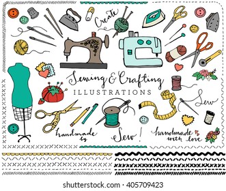 Sewing and Crafting Illustrations - Set of Hand Drawn Sketched Vectors Including Sewing Machine, Scissors, Buttons, Thread, Yarn, Knitting, Dress Form, Pens and Pencils.