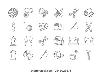 Sewing and Crafting Vector Icon Set. Yarn, Thread, Buttons, Scissors, Needle, Sewing Machine, Dress Form, Measuring Tape, Fabric, Sewing Kit, Pins, and Textile Tools and more. Vector Illustration