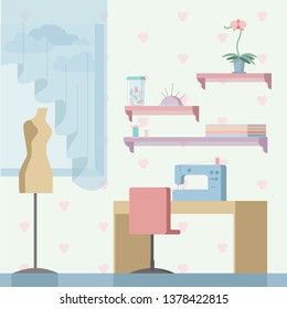 Sewing and creative craft room. Home office workspace. Vector ilustration.