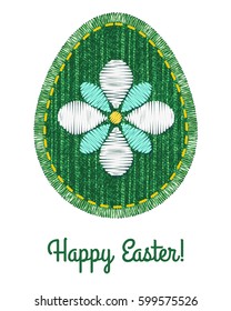 Sewing denim patch with stitch and fringe in Easter egg shape. Colorful flower embroidery on fabric. Happy Easter card.