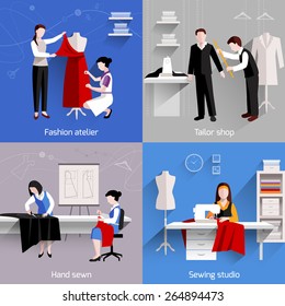 Sewing Design Concept Set With Fashion Atelier Tailor Studio Shop Flat Icons Isolated Vector Illustration