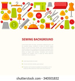 Sewing design creative concept banner. Vector illustration. Fashion atelier tailor studio background. Flat sewing icon tools. Hand made. Creative workspace. Place for your text. 