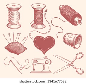 Sewing. Design set. Hand drawn engraving. Editable vector vintage illustration. Isolated on light background. 8 EPS 