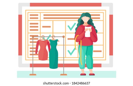 Sewing with designer or seamstress working with red dress pattern. Unfinished dresses model at mannequin. A girl holds a sheet of paper in her hands, makes measurements and makes a dress at home
