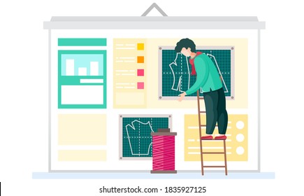 Sewing with designer or seamstress works with pink skein of thread standing on ladder. Professional tailoring studio. Making designer clothes. Creative environment for a man seamstress in work area