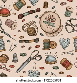 Sewing Digital Paper.Seamless Pattern,digital Background.Vector Hand Drawn Vintage Sewing Scrapbook Paper.Printable Fabric With Pin,scissors,sewing Machine.spool Of Thread,buttons,thimble,pincushion.