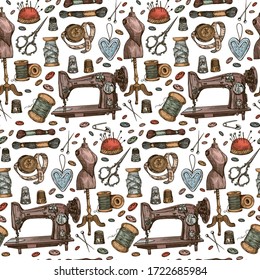 Sewing digital paper.Seamless pattern,digital background.Vector hand drawn Vintage sewing scrapbook paper.Printable fabric with pin,scissors,sewing machine.spool of thread,buttons,thimble,pincushion.