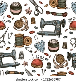 Sewing digital paper.Seamless pattern,digital background.Vector hand drawn Vintage sewing scrapbook paper.Printable fabric with pin,scissors,sewing machine.spool of thread,buttons,thimble,pincushion.