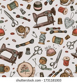 Sewing Digital Paper.Seamless Pattern,digital Background.Vector Hand Drawn Vintage Sewing Scrapbook Paper.Printable Fabric With Pin,scissors,sewing Machine.spool Of Thread,buttons,thimble,pincushion.