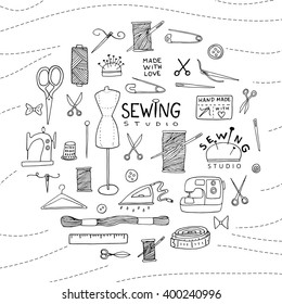 Sewing doodle icons arranged in a circle shape. Vector outline illustration. Tailoring background for logo, web and print designs. 