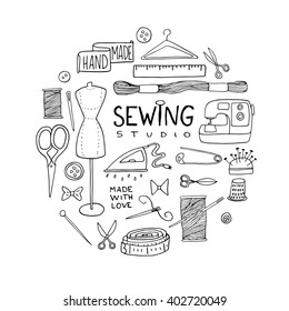 Sewing doodle icons arranged in a circle shape. Vector outline illustration. Tailoring background for logo, web and print designs. 