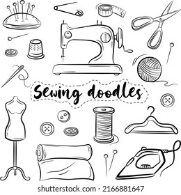 Sewing doodle icons hand drawn. Vector outline illustration. Tailoring background for logo, web and print designs. 