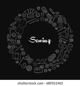 Sewing doodle icons round frame border for text decoration