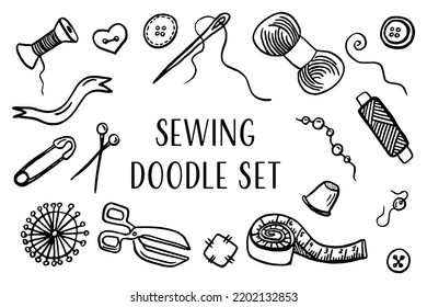 Sewing doodle icons set. Vector outline illustration. Tailoring background for logo, web and print designs.