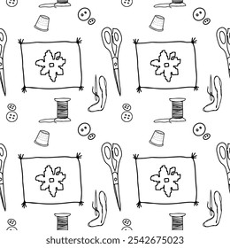 Sewing doodle seamless pattern. Here are textile, needle, thread, button and scissors on white background. Vector artwork about needlework, hobby, handmade and clothing. Use it for paper and textile. 