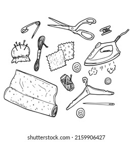 Sewing doodles hobby hand made icons vector set