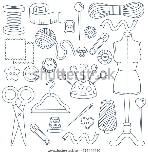 Sewing doodles\
hobby hand made icons vector\
set