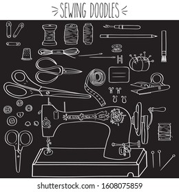 Sewing Doodles, Singer Machine, Needle, White Outline, freehand, Thread spools, Fabric Scissors, buttons, bobbins, chalk, pencil, measuring tape, thimble, safety pins, fashion, seamstress, tailoring