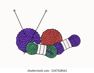 Sewing drawings. Handmade. Doodle vector illustration. Balls of thread and knitting needles. Handicraft, needlework.   Isolated background.	
