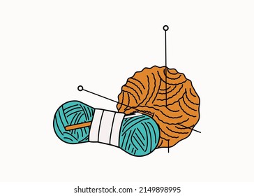 Sewing drawings. Handmade. Doodle vector illustration. Balls of thread and knitting needles. Handicraft, needlework.   Isolated background.	