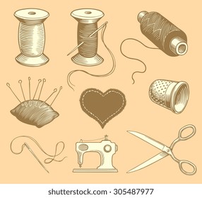 Sewing and Dressmaking. Design set 2. Hand drawn engraving. Vector illustration. 8 EPS